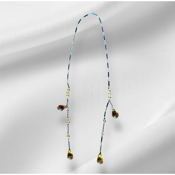 Amber Crystal Bolo Style Drop Necklace With Blackened Chain & Faceted Beads - Picture 2 of 8